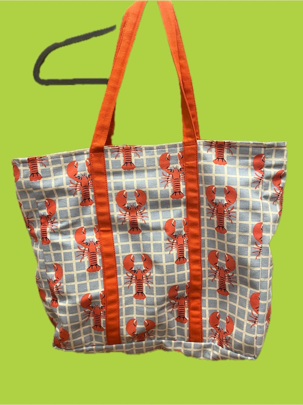 Canvas Lobster Print Tote Bag with Grid and Lobster Pattern